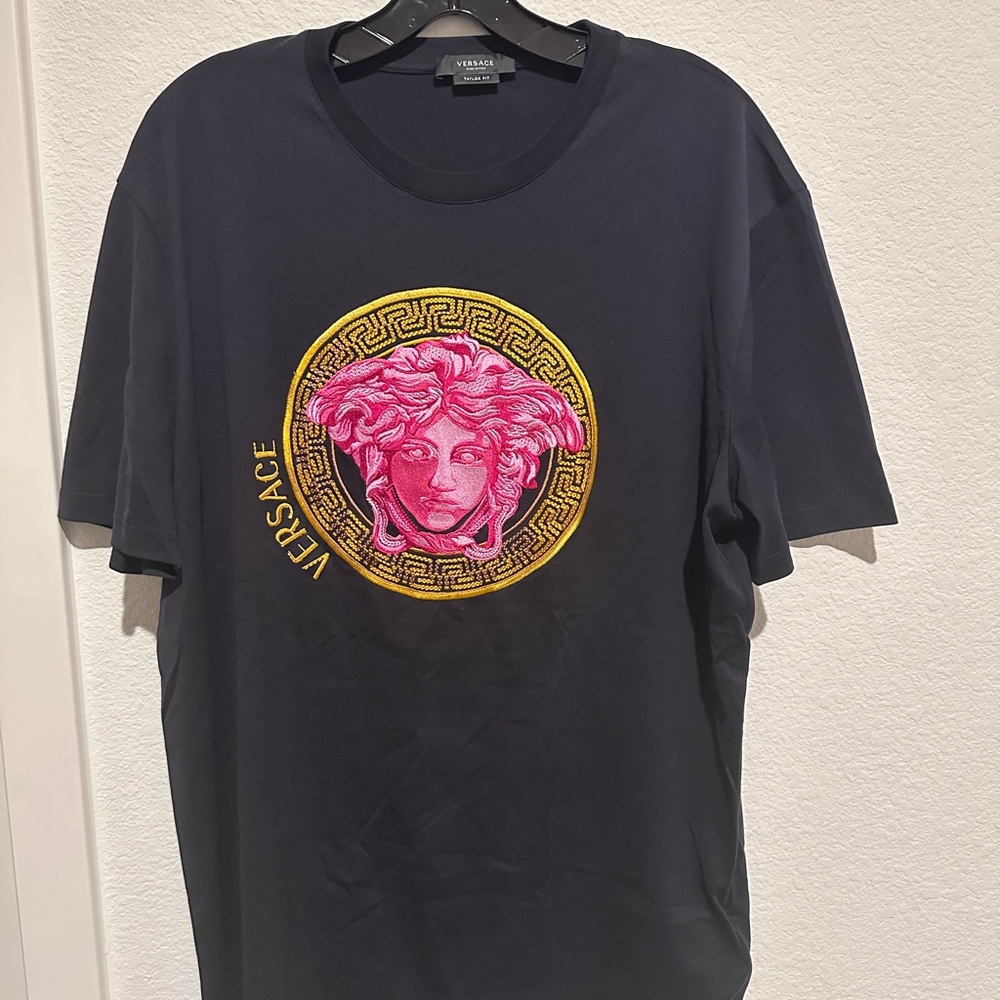 Authentic Versace Navy Blue Tee with Pink and Yellow Medusa Emblem